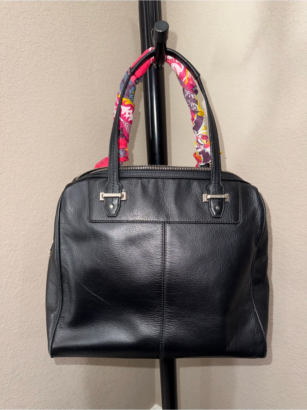 Coach Black Leather Taylor Satchel with Pink Scarf Accent - Picture 16 of 16